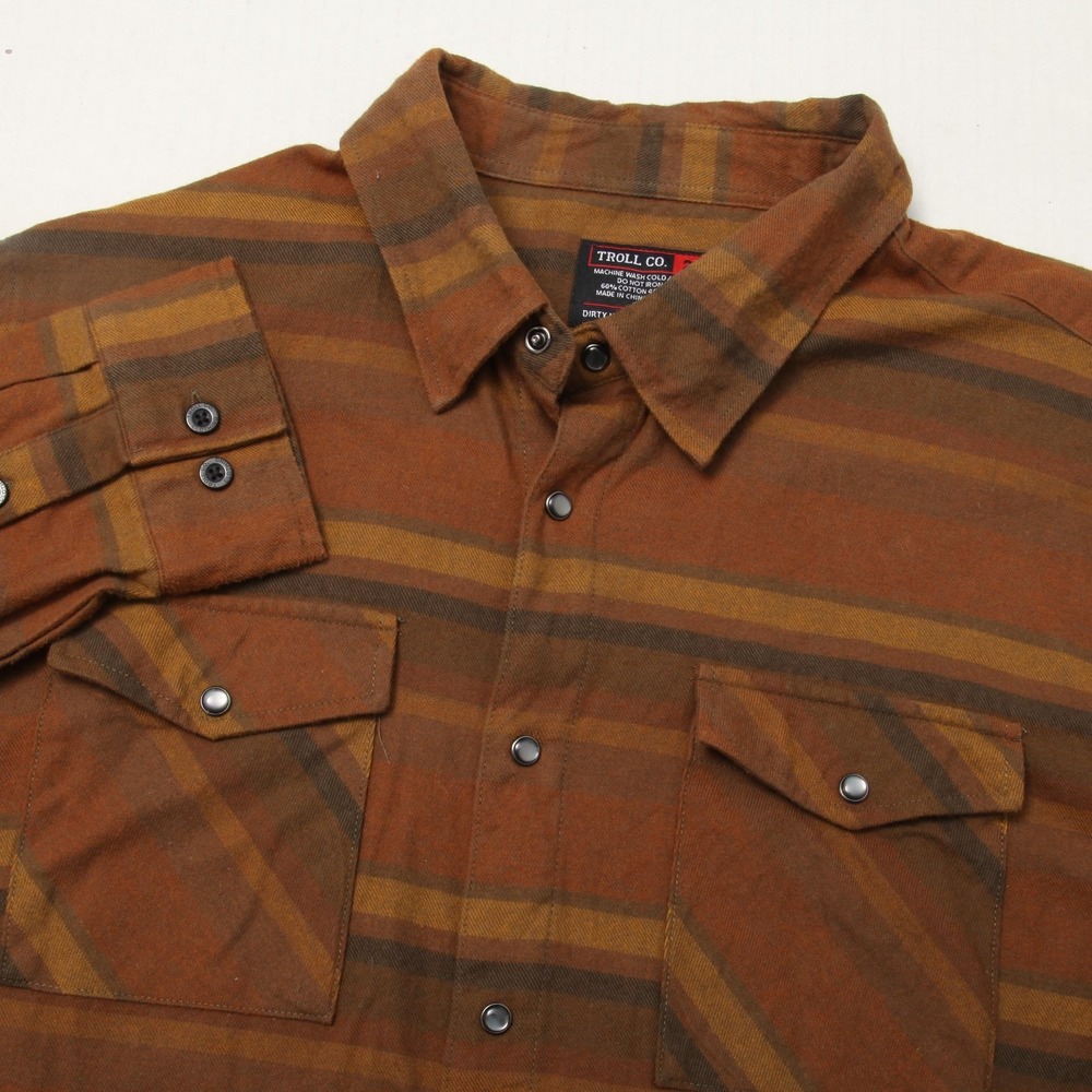 Troll Co Button Down Shirt Mens 2XL Rust Brown Striped Flannel Dirty Hands